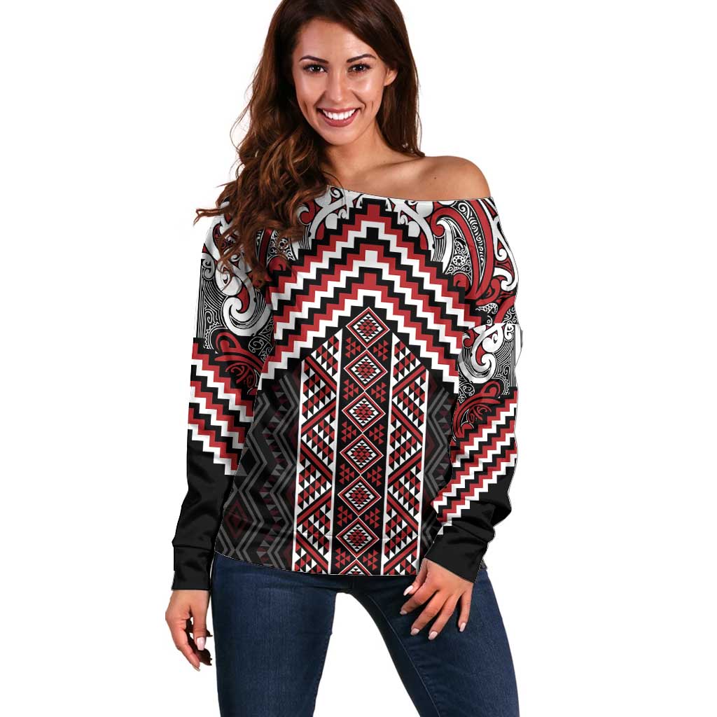 Maori Tukutuku Taniko Motifs Off Shoulder Sweater Red Poutama Mix Kowhaiwhai