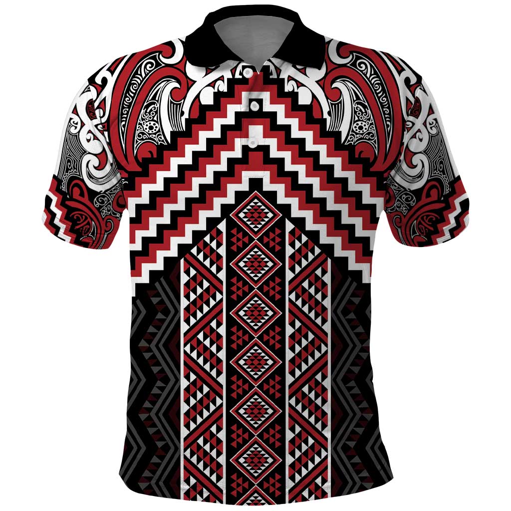 Maori Tukutuku Taniko Motifs Polo Shirt Red Poutama Mix Kowhaiwhai