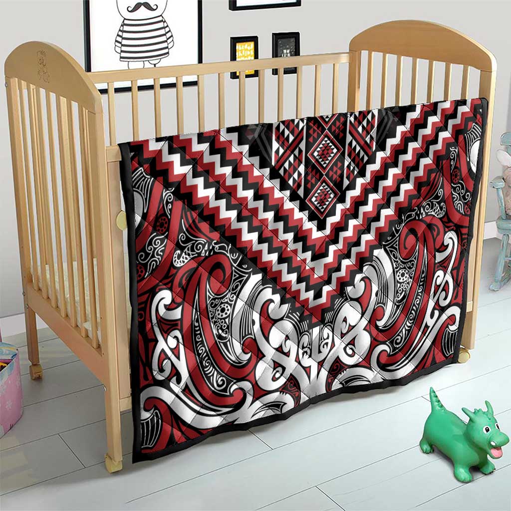 Maori Tukutuku Taniko Motifs Quilt Red Poutama Mix Kowhaiwhai