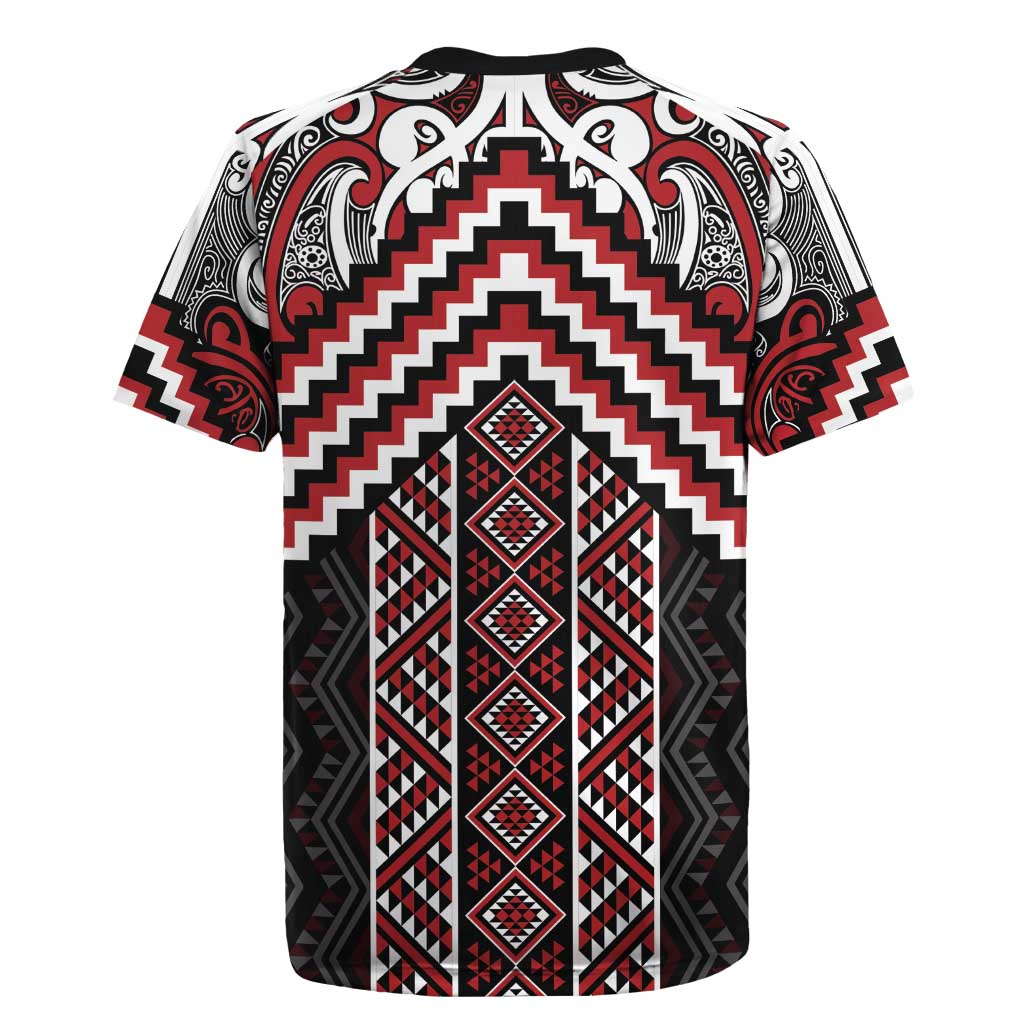 Maori Tukutuku Taniko Motifs Rugby Jersey Red Poutama Mix Kowhaiwhai