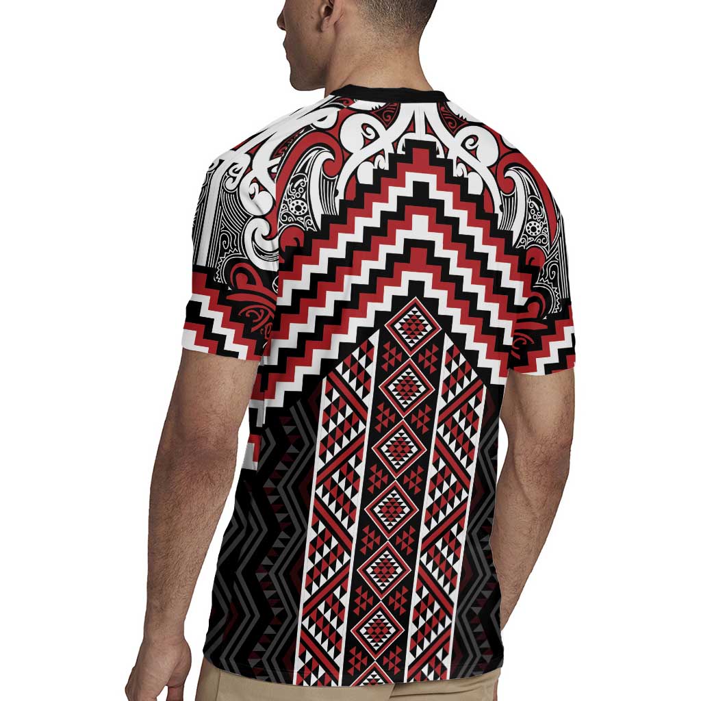 Maori Tukutuku Taniko Motifs Rugby Jersey Red Poutama Mix Kowhaiwhai