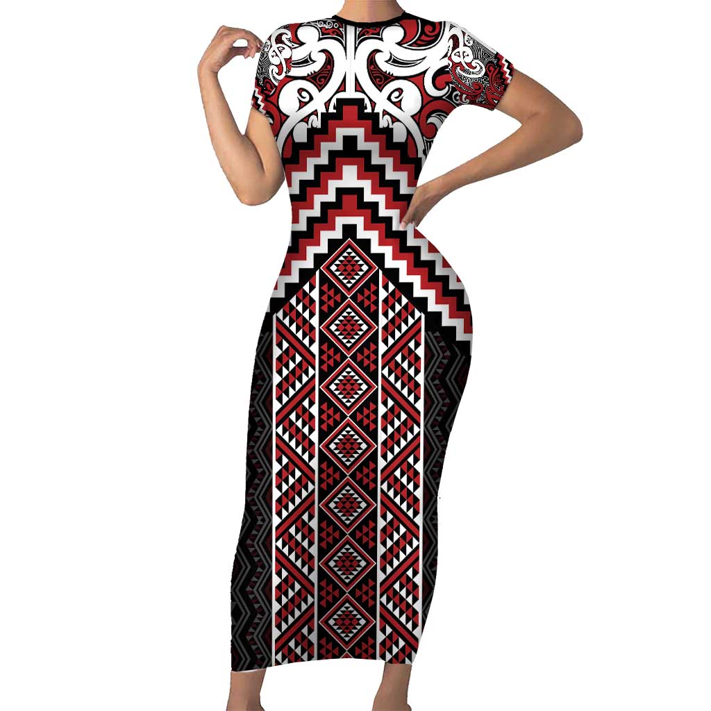 Maori Tukutuku Taniko Motifs Short Sleeve Bodycon Dress Red Poutama Mix Kowhaiwhai