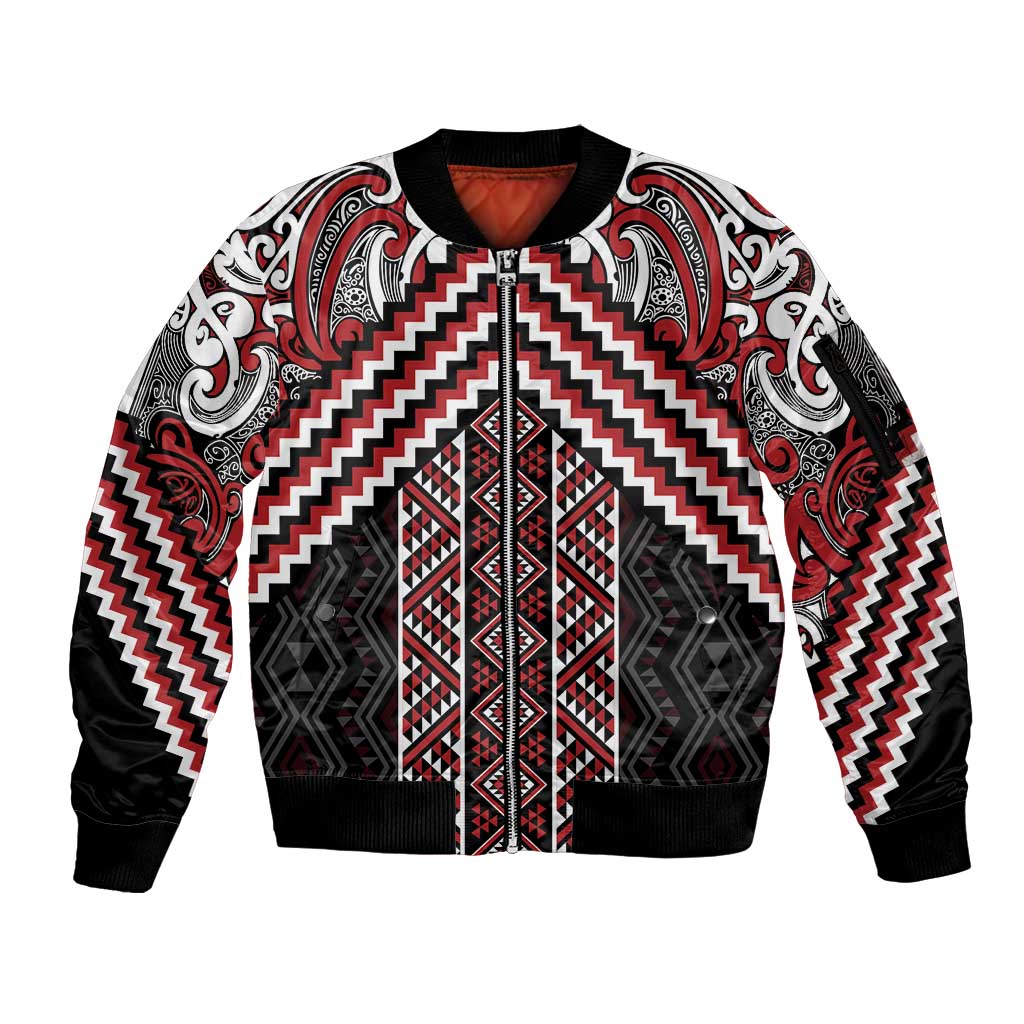 Maori Tukutuku Taniko Motifs Sleeve Zip Bomber Jacket Red Poutama Mix Kowhaiwhai