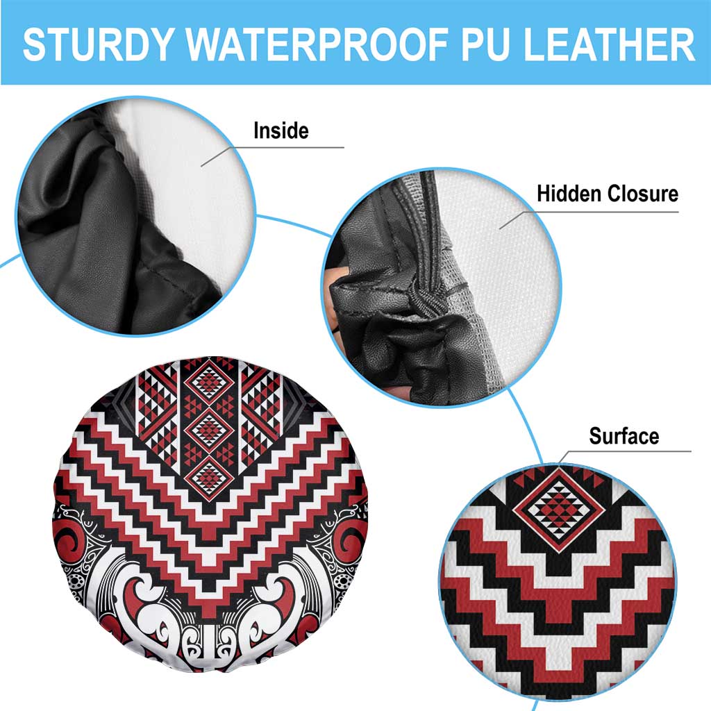 Maori Tukutuku Taniko Motifs Spare Tire Cover Red Poutama Mix Kowhaiwhai