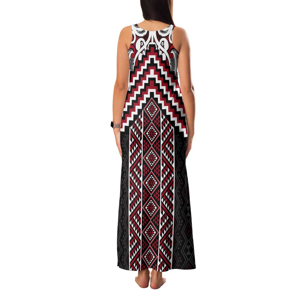 Maori Tukutuku Taniko Motifs Tank Maxi Dress Red Poutama Mix Kowhaiwhai