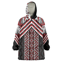 Maori Tukutuku Taniko Motifs Wearable Blanket Hoodie Red Poutama Mix Kowhaiwhai