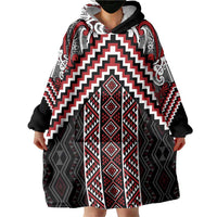 Maori Tukutuku Taniko Motifs Wearable Blanket Hoodie Red Poutama Mix Kowhaiwhai