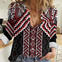 Maori Tukutuku Taniko Motifs Women Casual Shirt Red Poutama Mix Kowhaiwhai