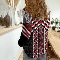 Maori Tukutuku Taniko Motifs Women Casual Shirt Red Poutama Mix Kowhaiwhai