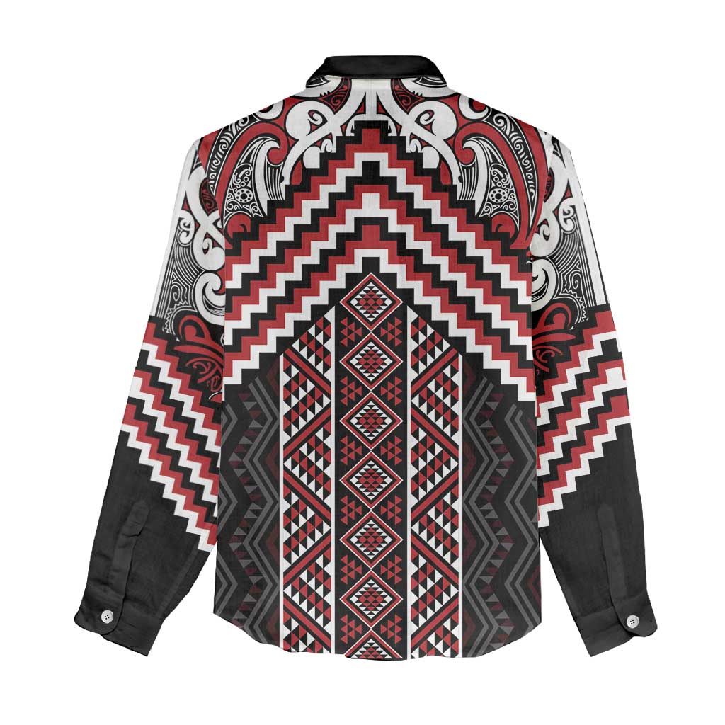 Maori Tukutuku Taniko Motifs Women Casual Shirt Red Poutama Mix Kowhaiwhai