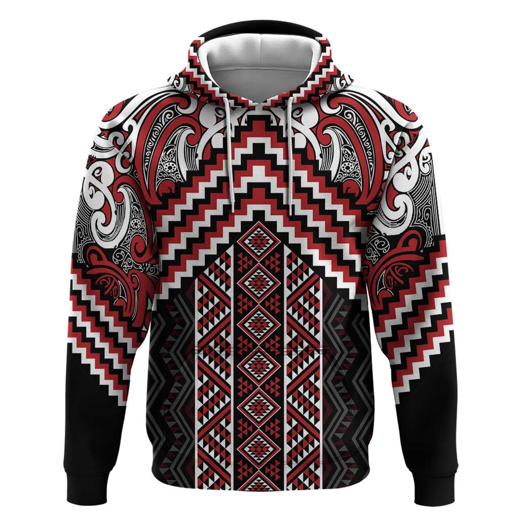 Maori Tukutuku Taniko Motifs Zip Hoodie Red Poutama Mix Kowhaiwhai