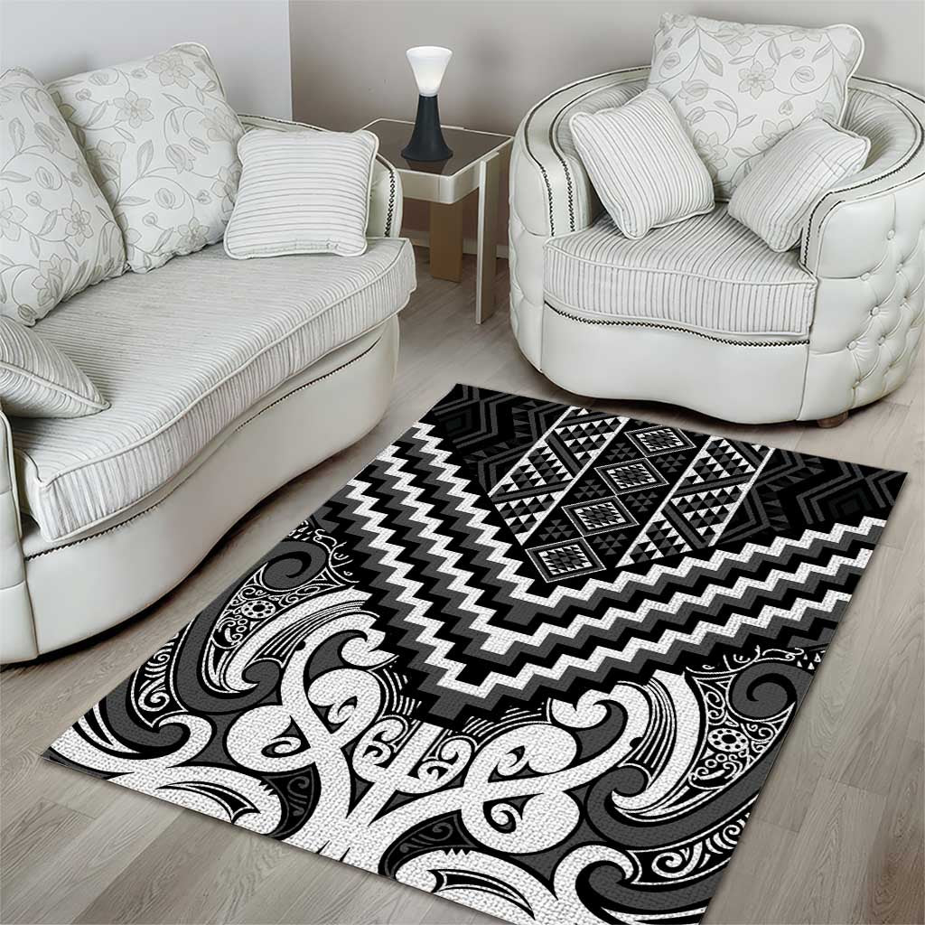Maori Tukutuku Taniko Motifs Area Rug Black Poutama Mix Kowhaiwhai