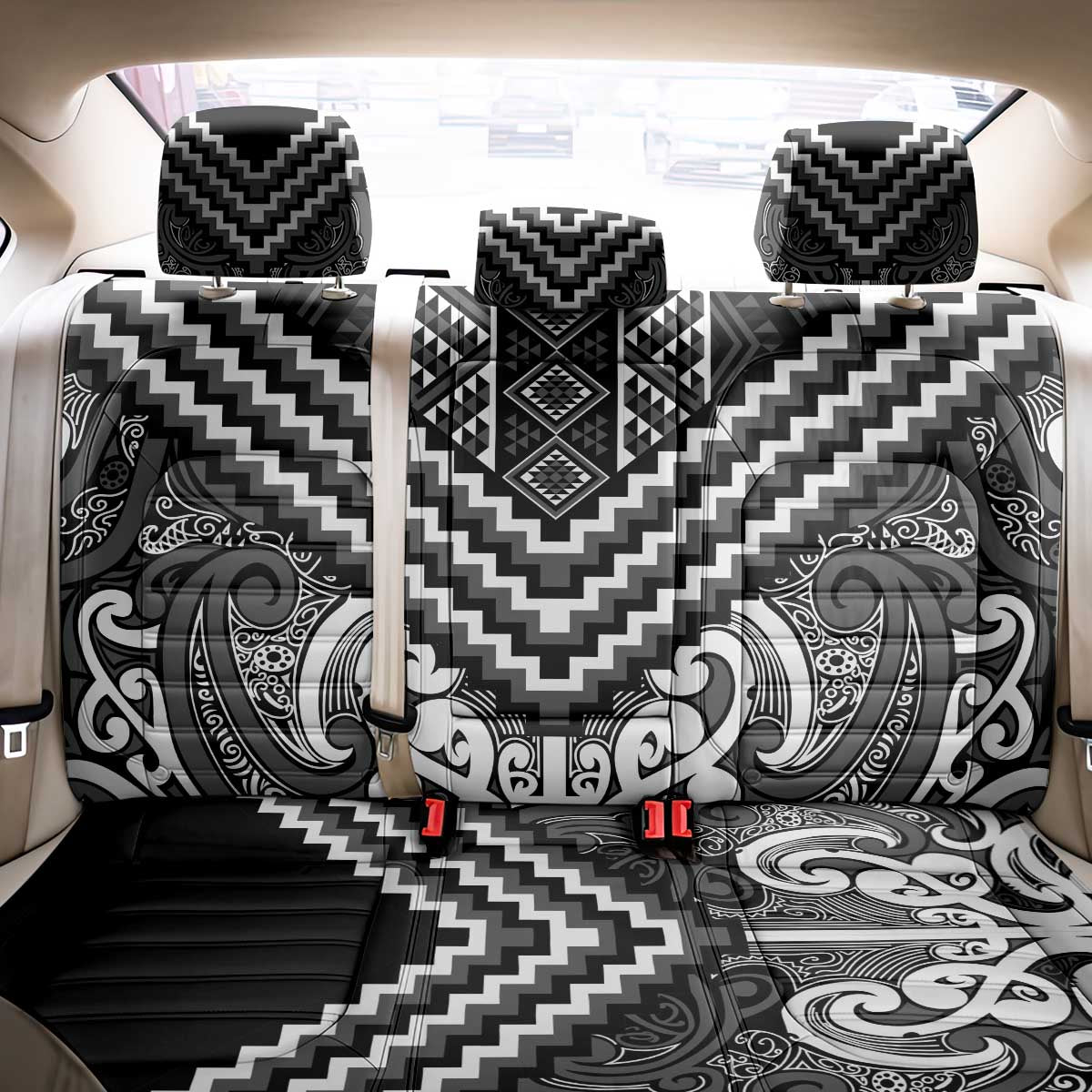 Maori Tukutuku Taniko Motifs Back Car Seat Cover Black Poutama Mix Kowhaiwhai