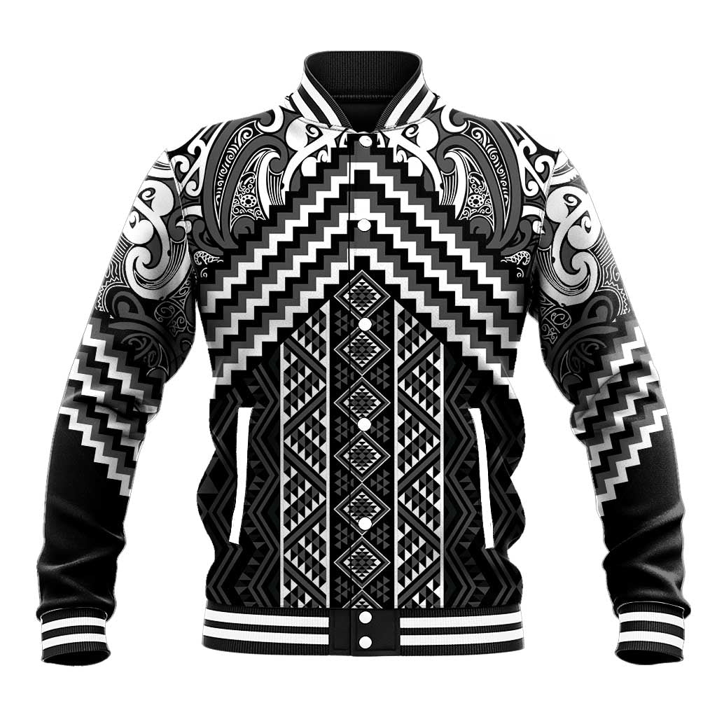 Maori Tukutuku Taniko Motifs Baseball Jacket Black Poutama Mix Kowhaiwhai