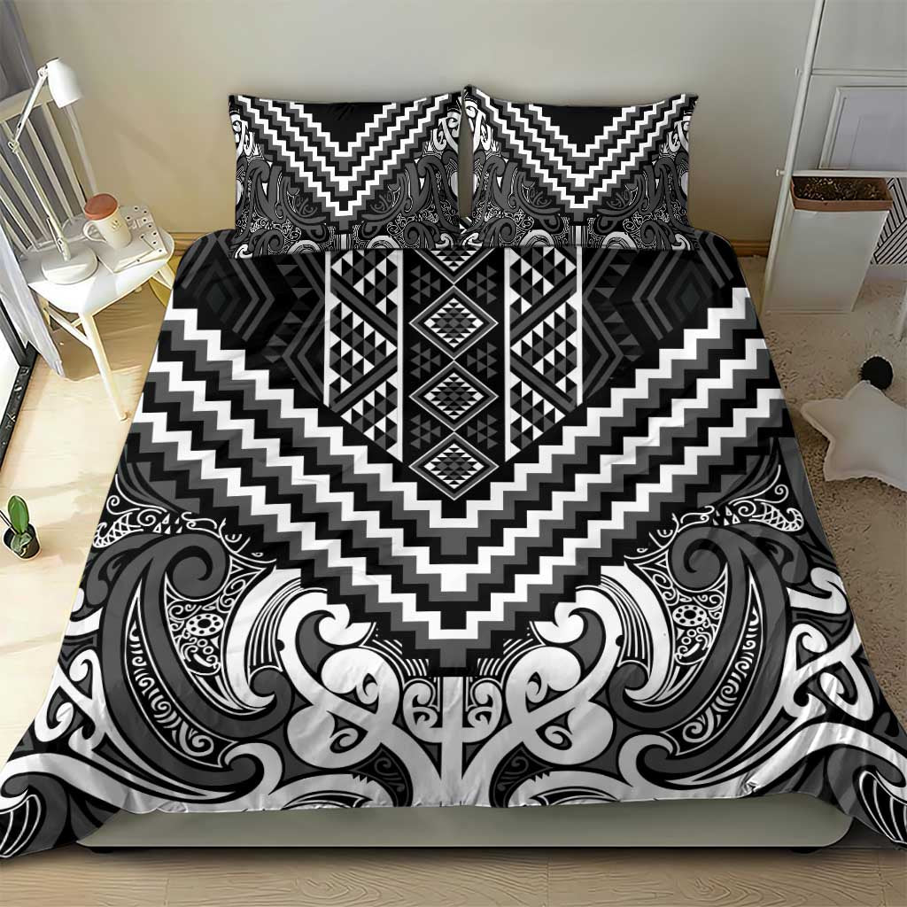 Maori Tukutuku Taniko Motifs Bedding Set Black Poutama Mix Kowhaiwhai