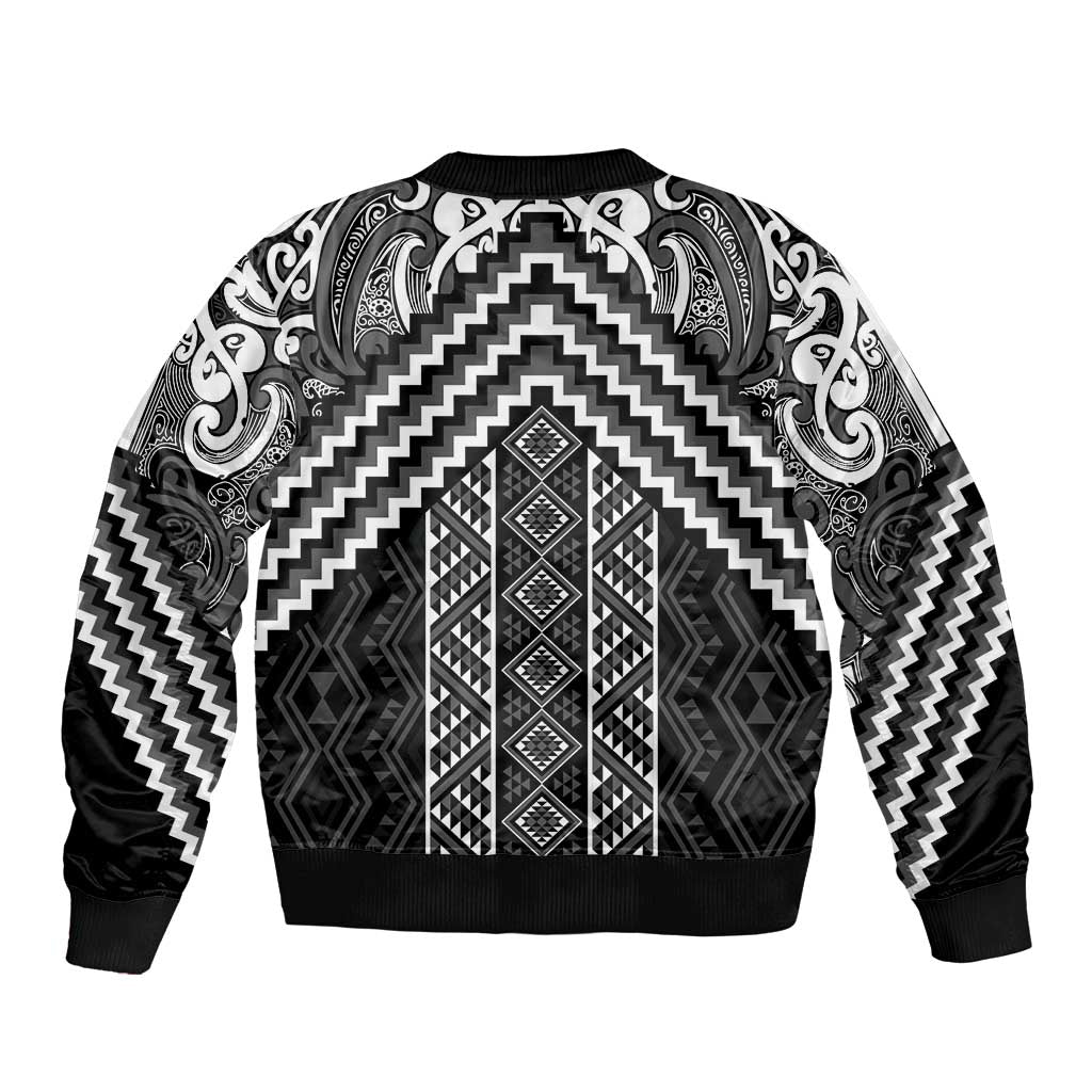 Maori Tukutuku Taniko Motifs Bomber Jacket Black Poutama Mix Kowhaiwhai