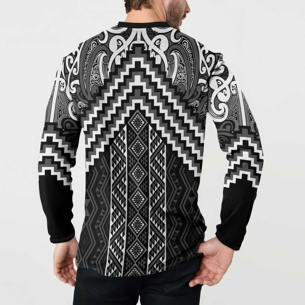 Maori Tukutuku Taniko Motifs Button Sweatshirt Black Poutama Mix Kowhaiwhai