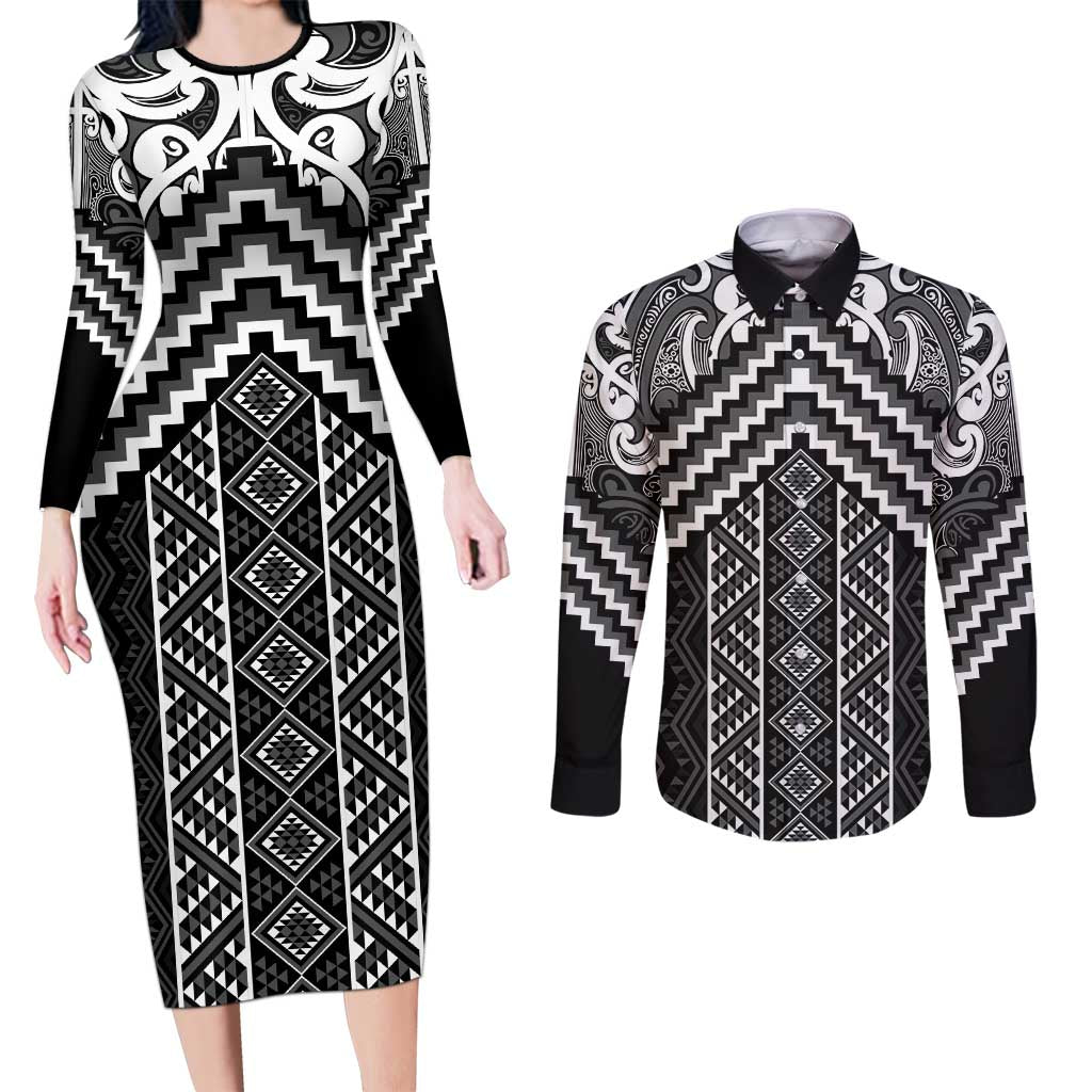 Maori Tukutuku Taniko Motifs Couples Matching Long Sleeve Bodycon Dress and Long Sleeve Button Shirt Black Poutama Mix Kowhaiwhai