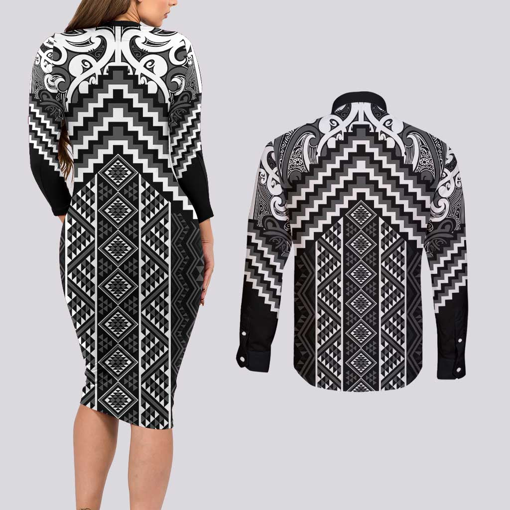 Maori Tukutuku Taniko Motifs Couples Matching Long Sleeve Bodycon Dress and Long Sleeve Button Shirt Black Poutama Mix Kowhaiwhai