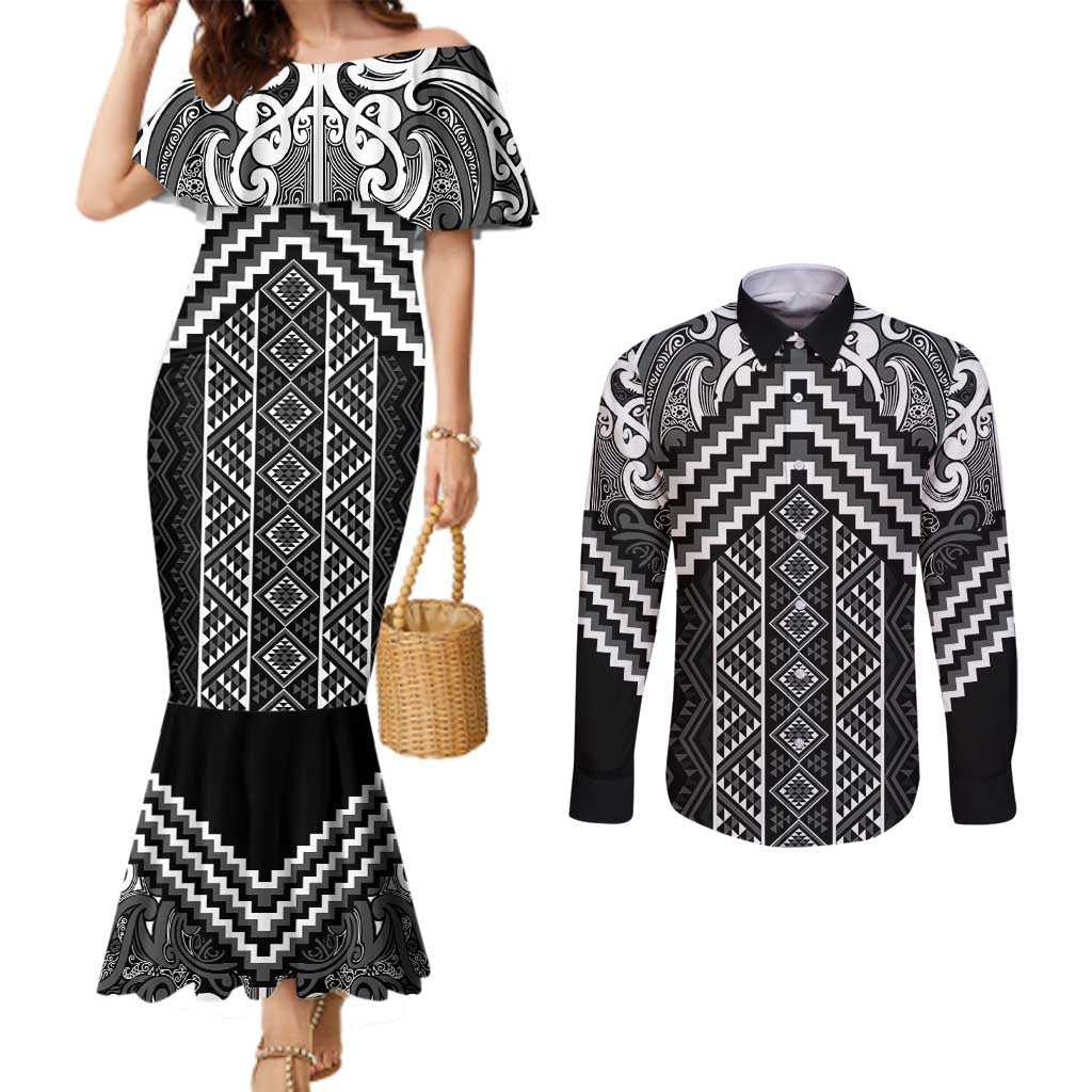 Maori Tukutuku Taniko Motifs Couples Matching Mermaid Dress and Long Sleeve Button Shirt Black Poutama Mix Kowhaiwhai