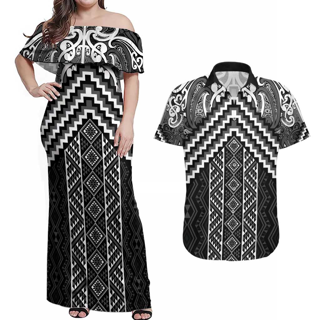 Maori Tukutuku Taniko Motifs Couples Matching Off Shoulder Maxi Dress and Hawaiian Shirt Black Poutama Mix Kowhaiwhai