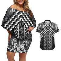Maori Tukutuku Taniko Motifs Couples Matching Off Shoulder Short Dress and Hawaiian Shirt Black Poutama Mix Kowhaiwhai