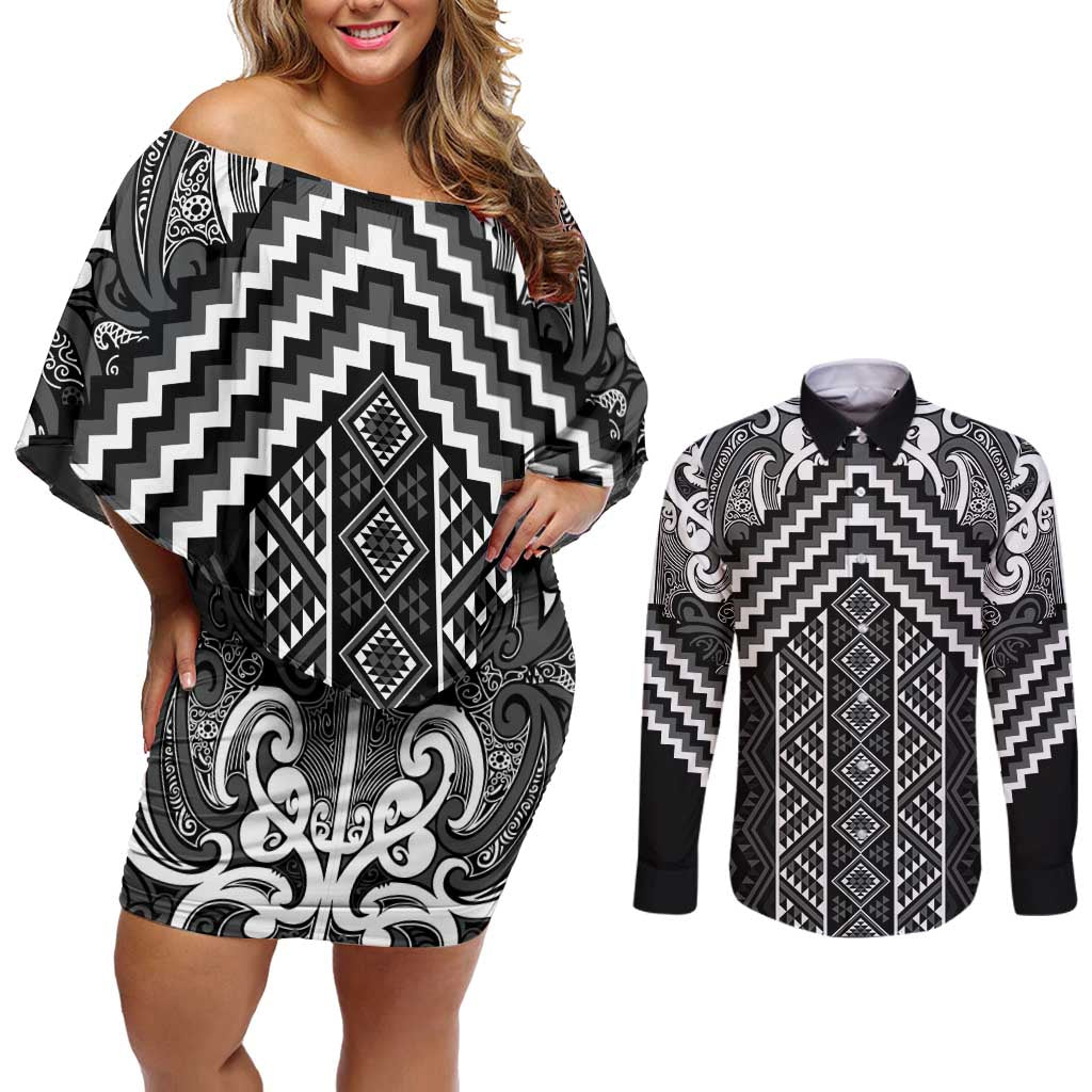 Maori Tukutuku Taniko Motifs Couples Matching Off Shoulder Short Dress and Long Sleeve Button Shirt Black Poutama Mix Kowhaiwhai
