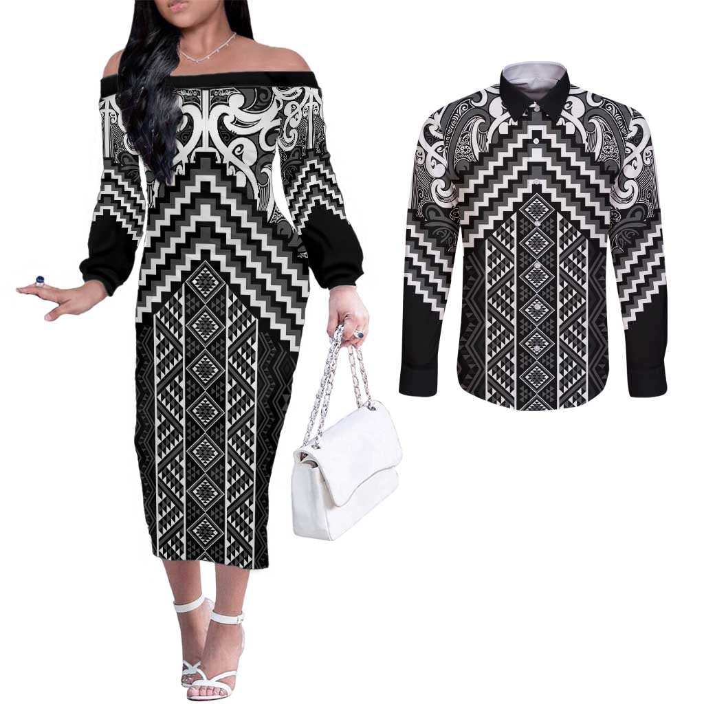 Maori Tukutuku Taniko Motifs Couples Matching Off The Shoulder Long Sleeve Dress and Long Sleeve Button Shirt Black Poutama Mix Kowhaiwhai