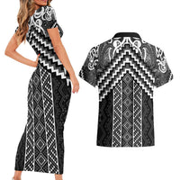 Maori Tukutuku Taniko Motifs Couples Matching Short Sleeve Bodycon Dress and Hawaiian Shirt Black Poutama Mix Kowhaiwhai