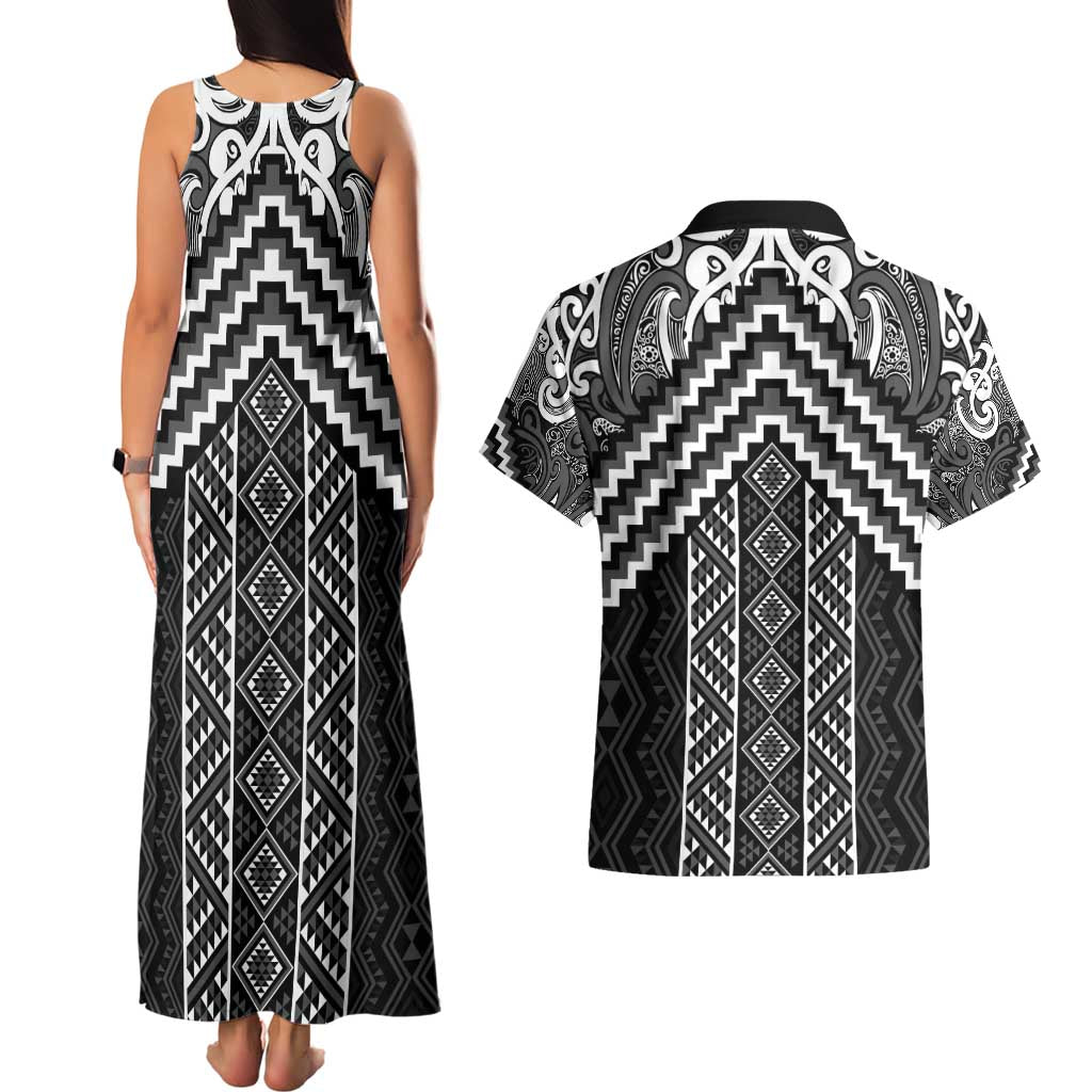 Maori Tukutuku Taniko Motifs Couples Matching Tank Maxi Dress and Hawaiian Shirt Black Poutama Mix Kowhaiwhai
