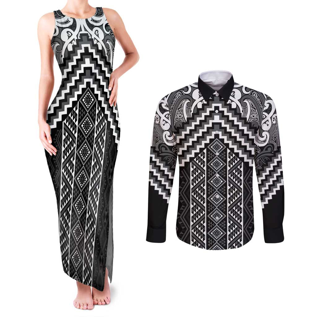 Maori Tukutuku Taniko Motifs Couples Matching Tank Maxi Dress and Long Sleeve Button Shirt Black Poutama Mix Kowhaiwhai