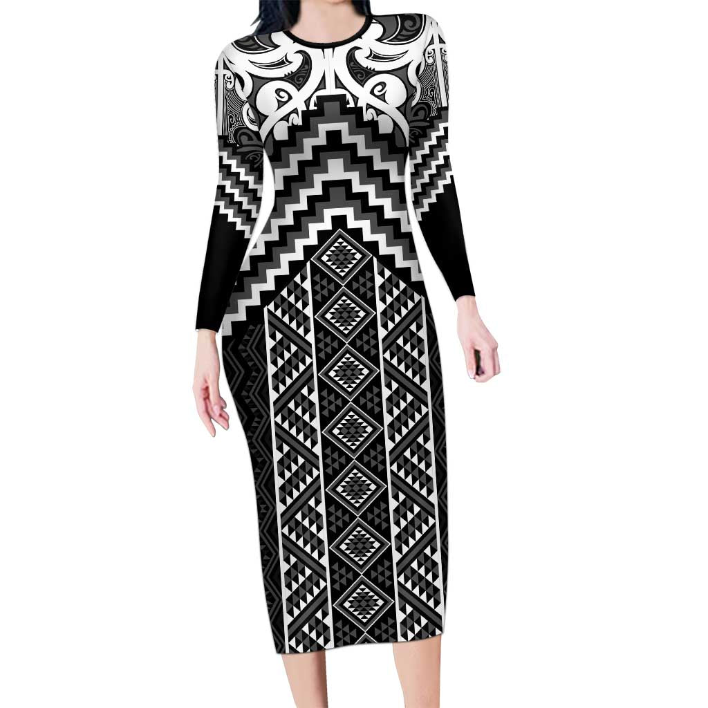 Maori Tukutuku Taniko Motifs Family Matching Long Sleeve Bodycon Dress and Hawaiian Shirt Black Poutama Mix Kowhaiwhai