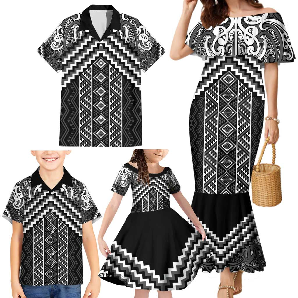 Maori Tukutuku Taniko Motifs Family Matching Mermaid Dress and Hawaiian Shirt Black Poutama Mix Kowhaiwhai
