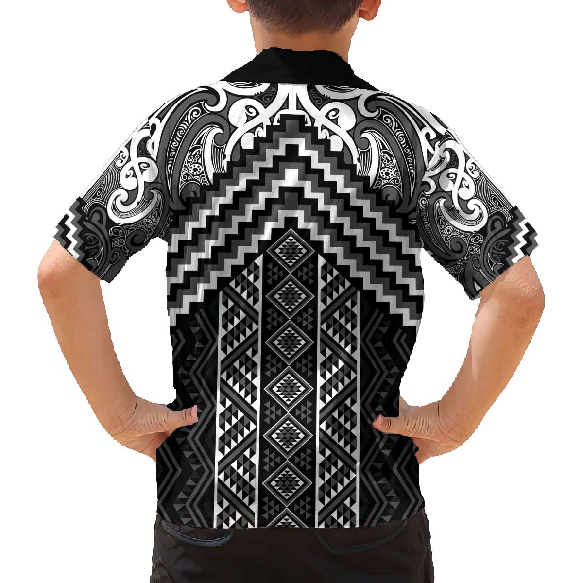 Maori Tukutuku Taniko Motifs Family Matching Off The Shoulder Long Sleeve Dress and Hawaiian Shirt Black Poutama Mix Kowhaiwhai