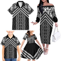 Maori Tukutuku Taniko Motifs Family Matching Off The Shoulder Long Sleeve Dress and Hawaiian Shirt Black Poutama Mix Kowhaiwhai