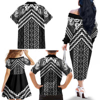 Maori Tukutuku Taniko Motifs Family Matching Off The Shoulder Long Sleeve Dress and Hawaiian Shirt Black Poutama Mix Kowhaiwhai