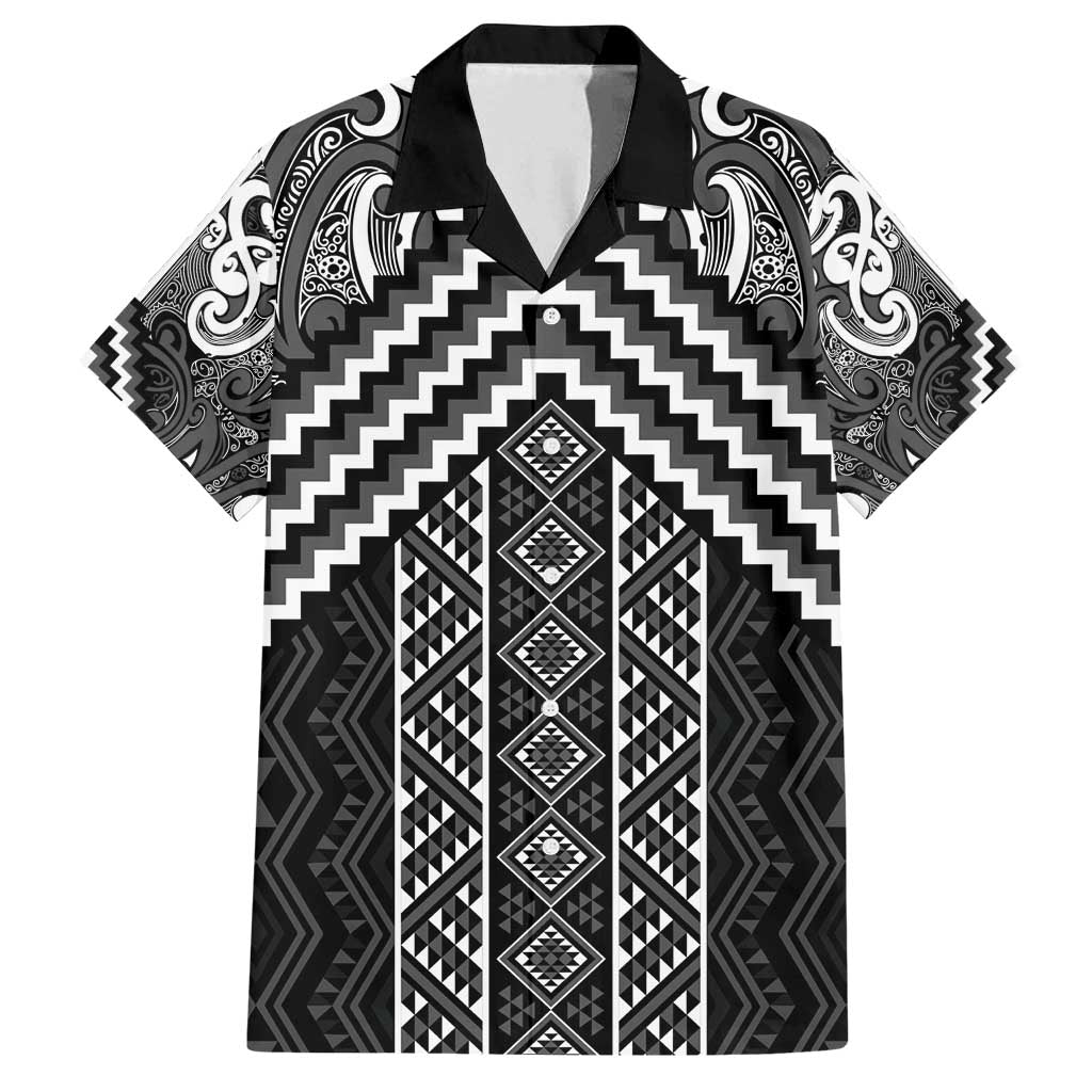Maori Tukutuku Taniko Motifs Family Matching Off Shoulder Maxi Dress and Hawaiian Shirt Black Poutama Mix Kowhaiwhai