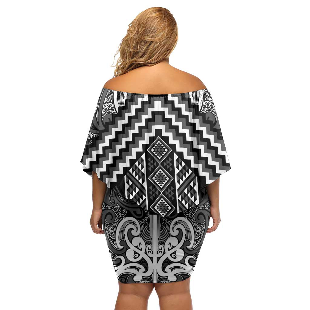 Maori Tukutuku Taniko Motifs Family Matching Off Shoulder Short Dress and Hawaiian Shirt Black Poutama Mix Kowhaiwhai