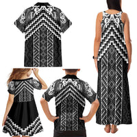 Maori Tukutuku Taniko Motifs Family Matching Tank Maxi Dress and Hawaiian Shirt Black Poutama Mix Kowhaiwhai