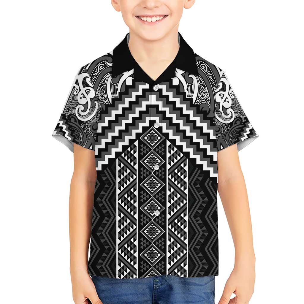 Maori Tukutuku Taniko Motifs Kid Hawaiian Shirt Black Poutama Mix Kowhaiwhai LT7 Kid Black - Polynesian Pride