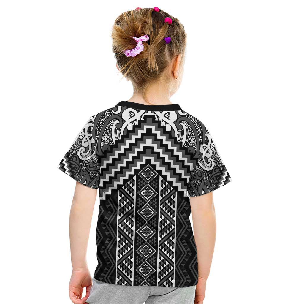 Maori Tukutuku Taniko Motifs Kid T Shirt Black Poutama Mix Kowhaiwhai