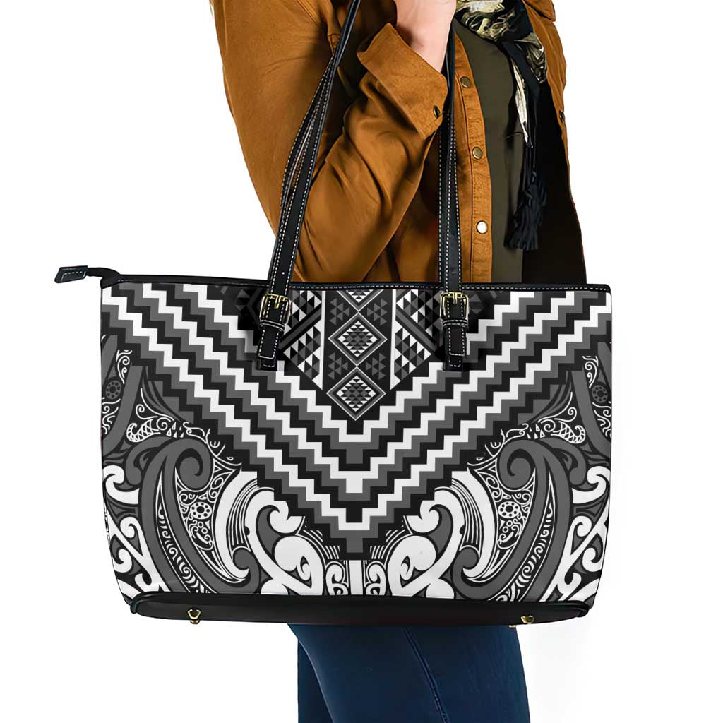 Maori Tukutuku Taniko Motifs Leather Tote Bag Black Poutama Mix Kowhaiwhai