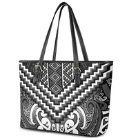 Maori Tukutuku Taniko Motifs Leather Tote Bag Black Poutama Mix Kowhaiwhai