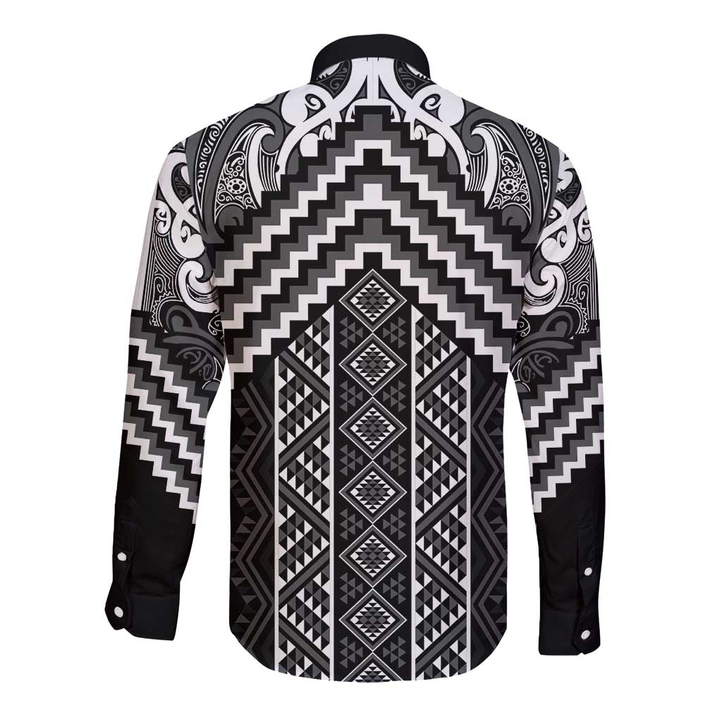Maori Tukutuku Taniko Motifs Long Sleeve Button Shirt Black Poutama Mix Kowhaiwhai