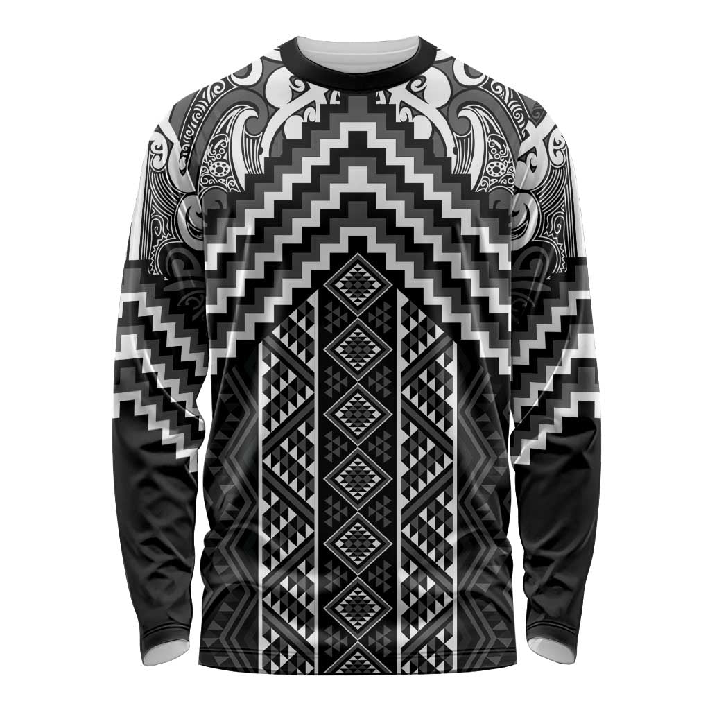 Maori Tukutuku Taniko Motifs Long Sleeve Shirt Black Poutama Mix Kowhaiwhai