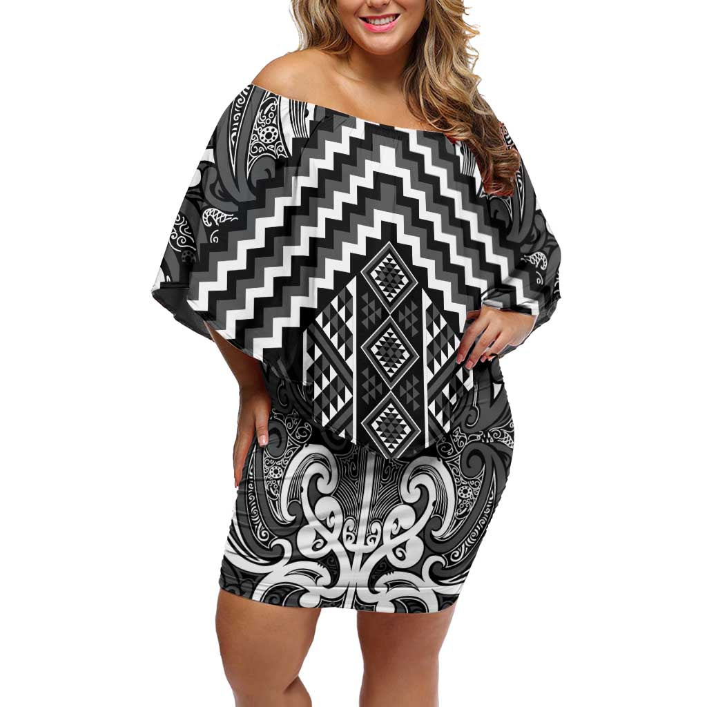 Maori Tukutuku Taniko Motifs Off Shoulder Short Dress Black Poutama Mix Kowhaiwhai
