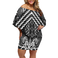Maori Tukutuku Taniko Motifs Off Shoulder Short Dress Black Poutama Mix Kowhaiwhai