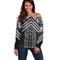 Maori Tukutuku Taniko Motifs Off Shoulder Sweater Black Poutama Mix Kowhaiwhai