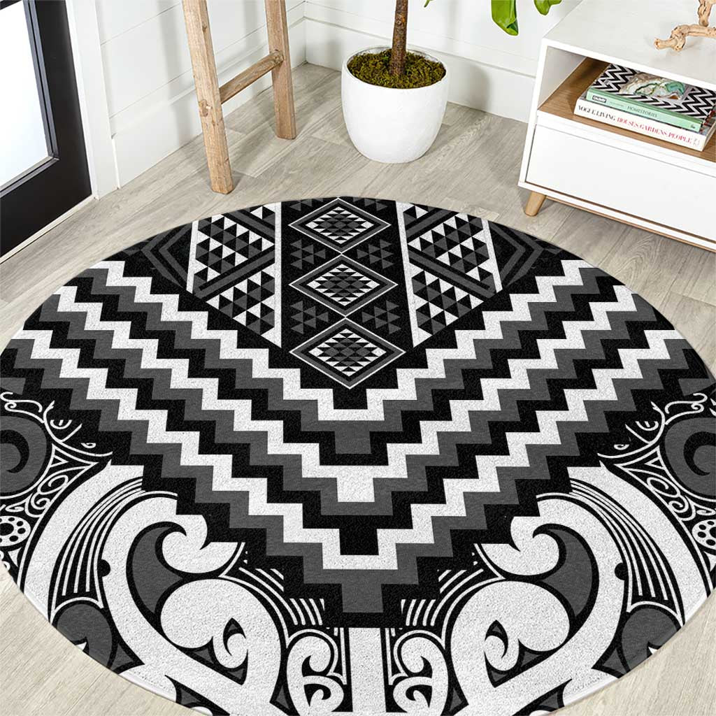 Maori Tukutuku Taniko Motifs Round Carpet Black Poutama Mix Kowhaiwhai LT7 Black - Polynesian Pride