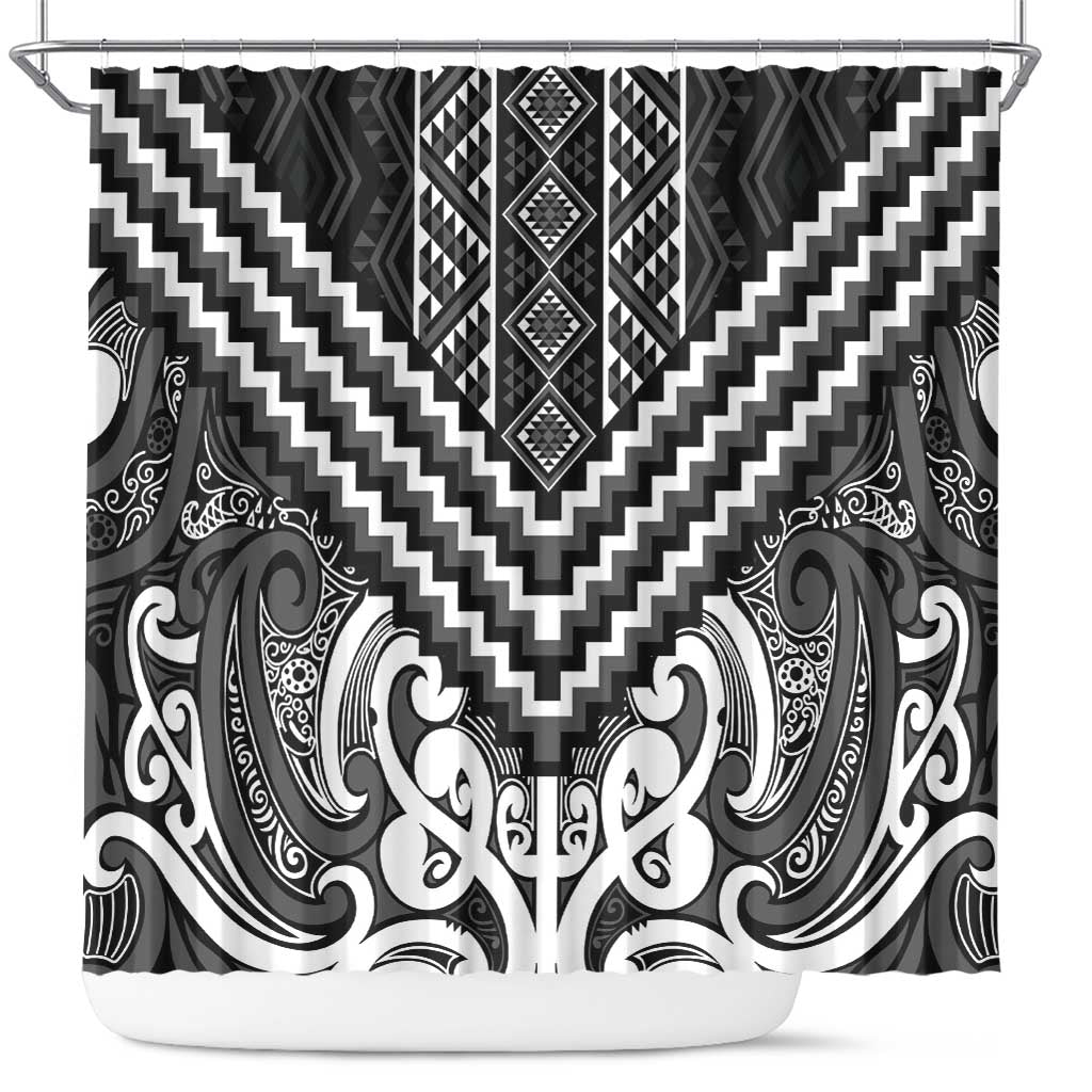 Maori Tukutuku Taniko Motifs Shower Curtain Black Poutama Mix Kowhaiwhai LT7 Black - Polynesian Pride